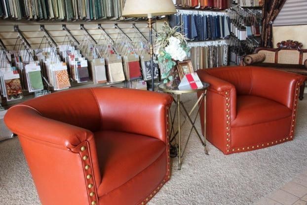 Two Red Leather Chairs Are Next To Each Other In A Room — San Antonio, TX — Arrow Upholstery & Drapery