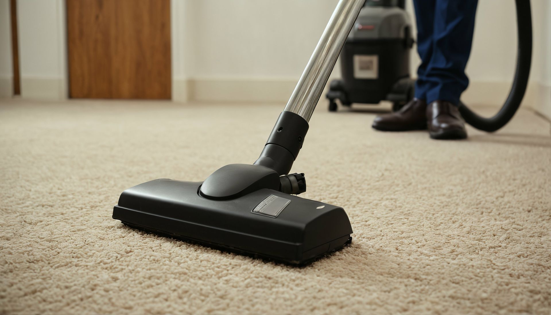 A person is using a vacuum cleaner to clean a carpet.