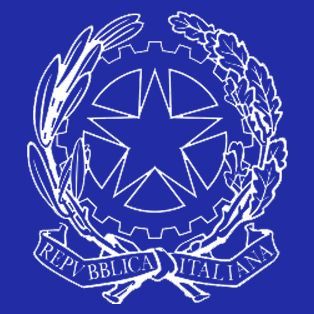 Emblem of the Italian Republic: white star, cogwheel, olive and oak branches, on blue background, with 