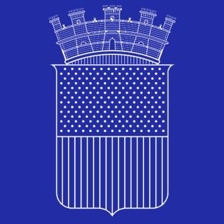 Coat of arms with a blue background, a crown, and a shield with a star-dotted and striped pattern.