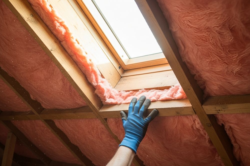 Gloved hand installing pink insulation around a skylight in an attic