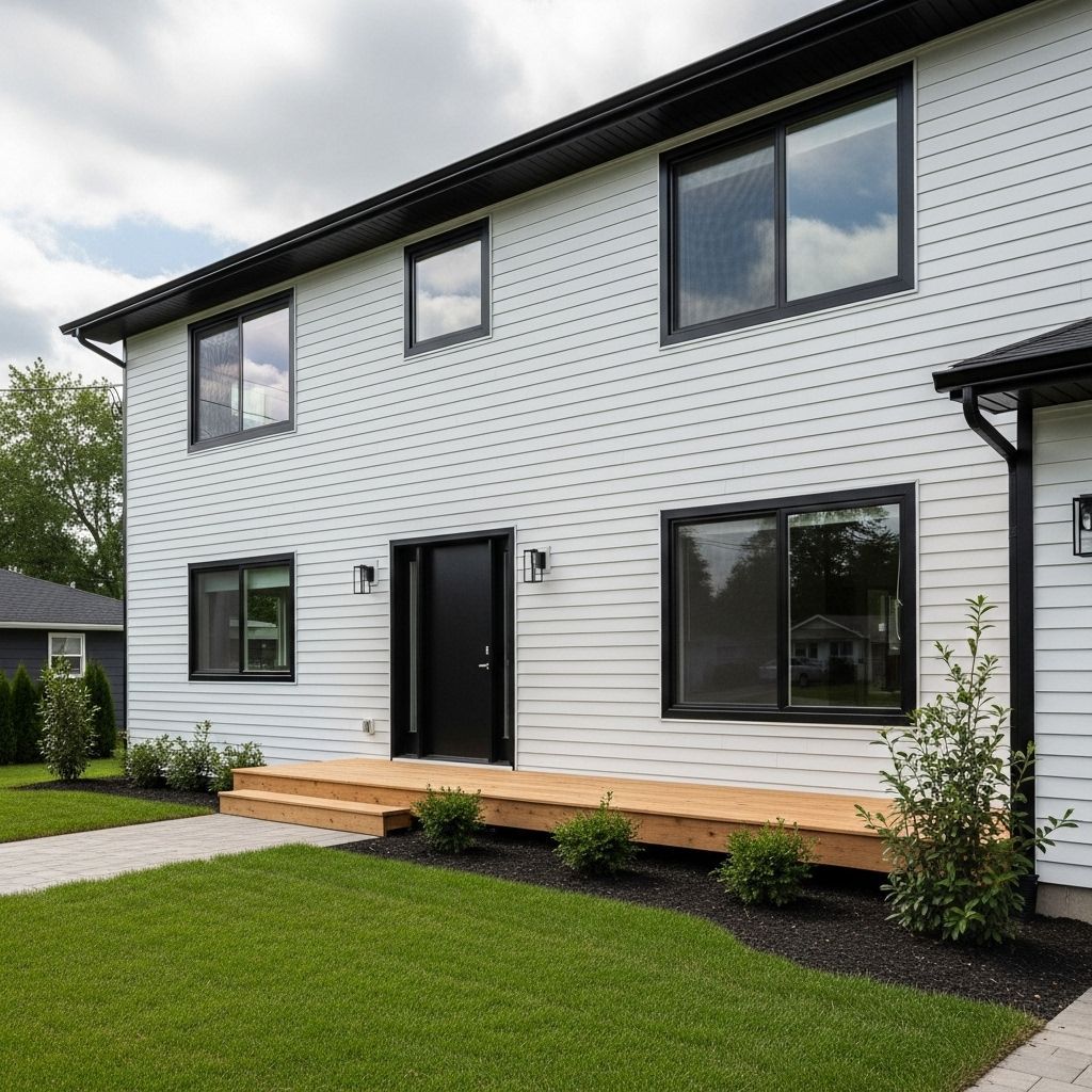 Two-story white house with black trim and door, wooden porch, and landscaped yard.