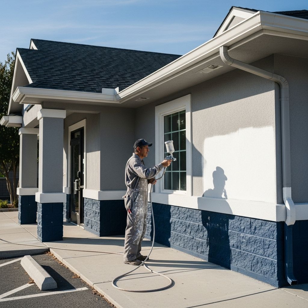 Man in coveralls sprays paint on a building's exterior. Blue and white accents, sunny day.