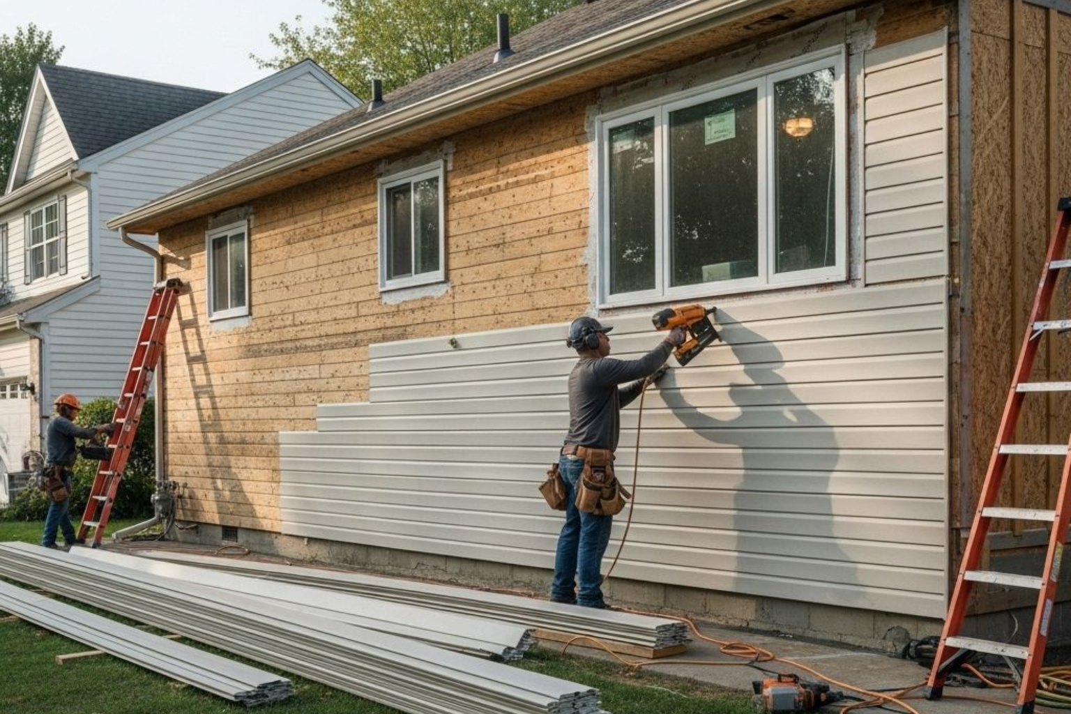 Construction workers install siding on a house. One worker uses a nail gun, others on ladders.