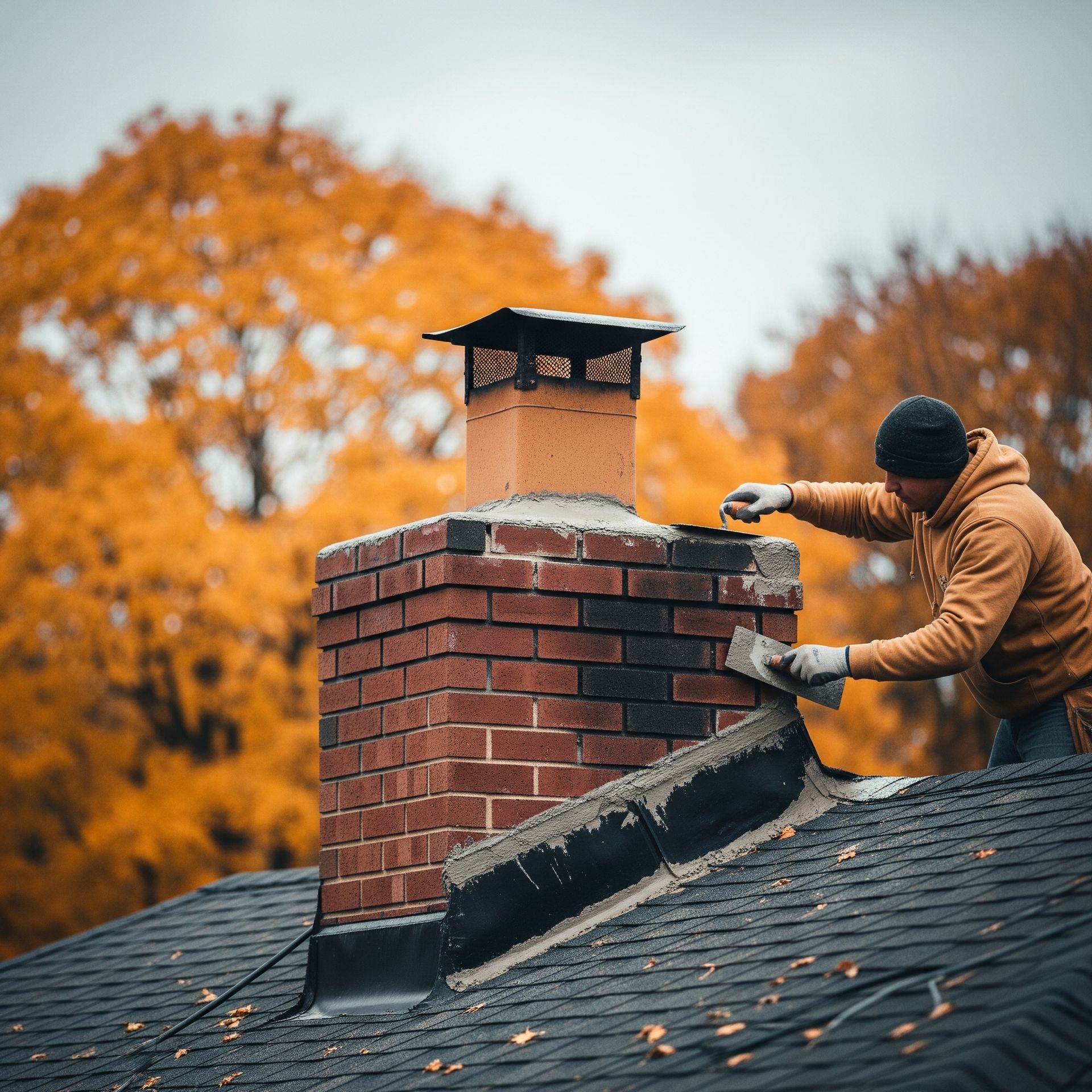 Roofer installing metal roofing on a house, working near a chimney.