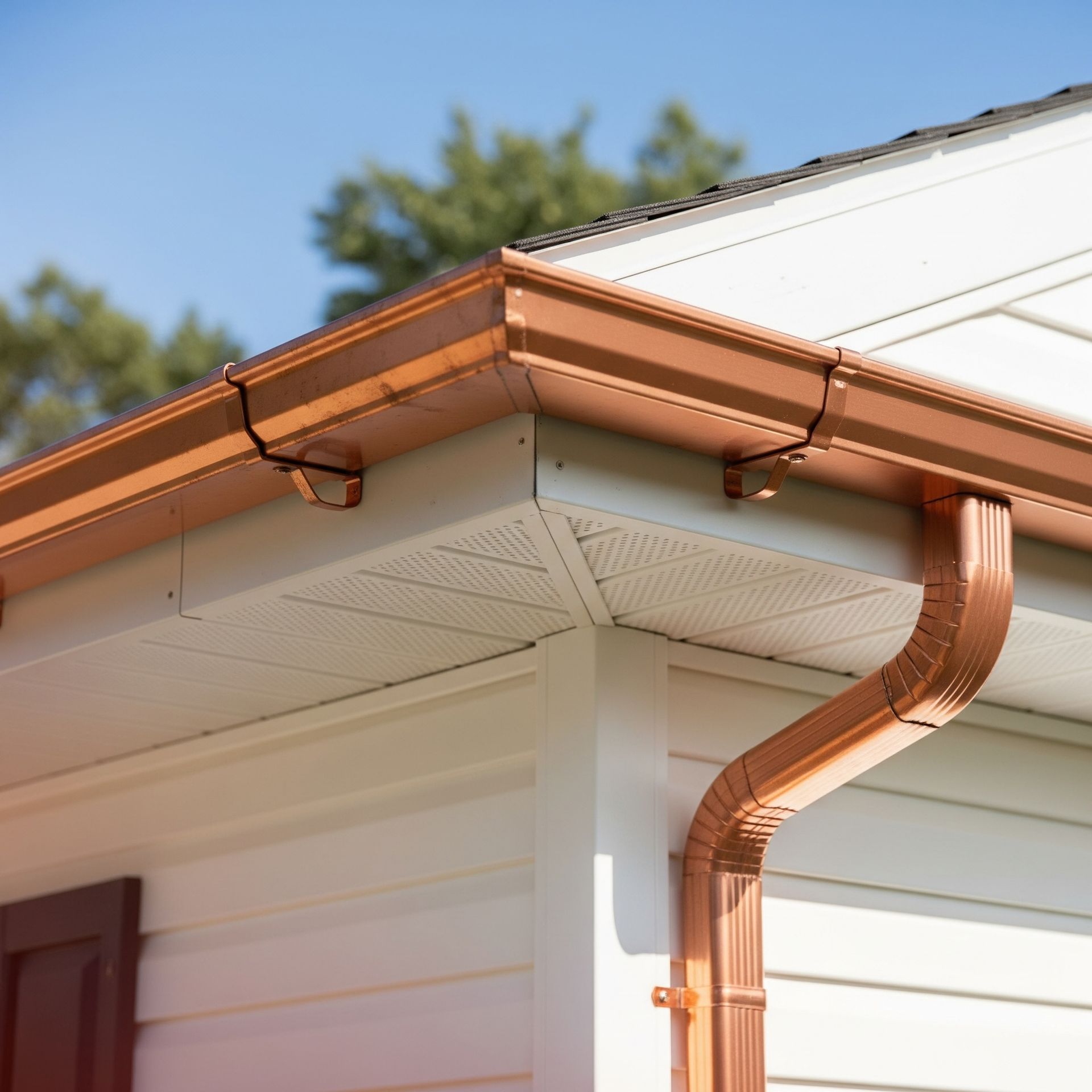 Copper gutters and downspout on a white house under a clear, blue sky.