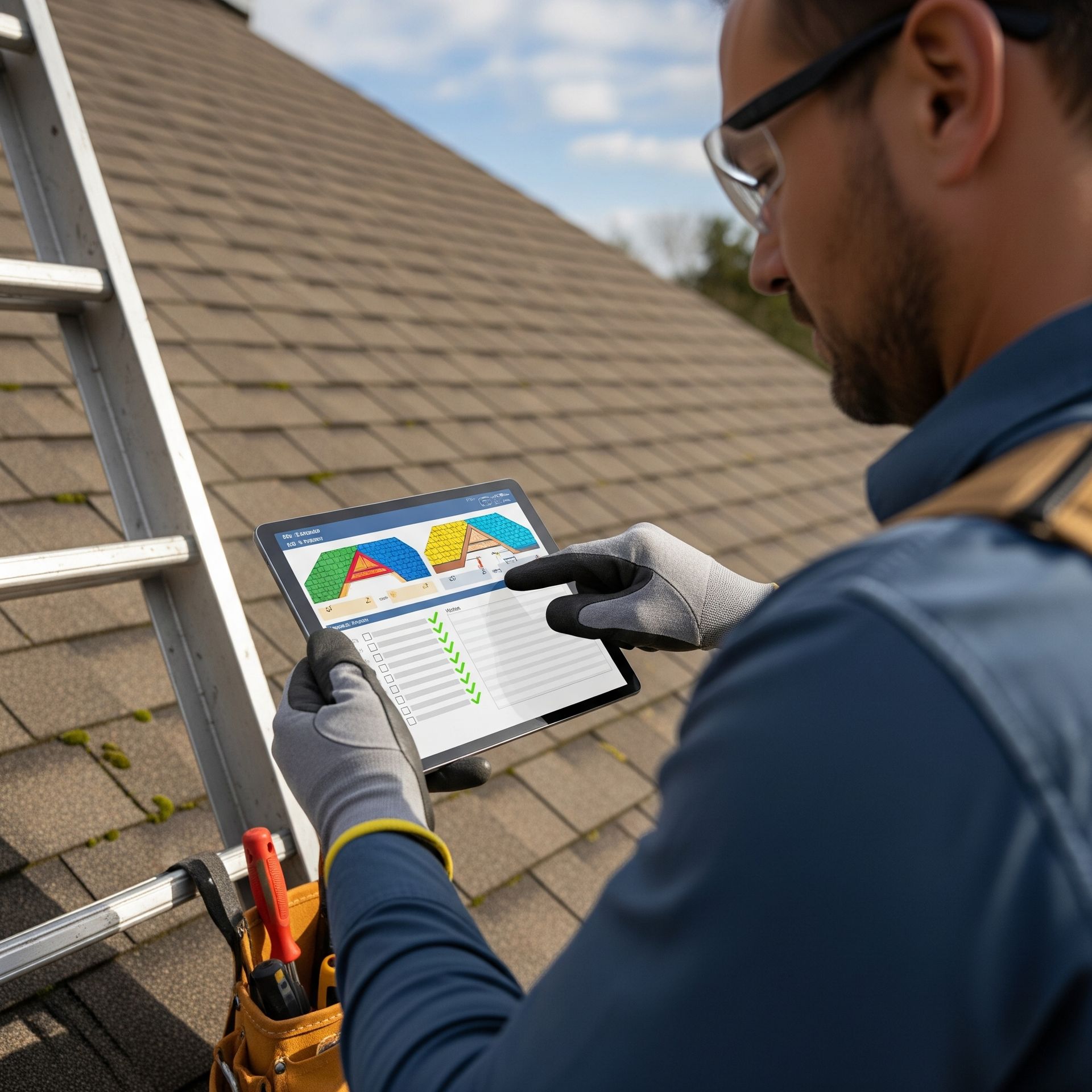 Roofer on a roof, using a tablet to inspect and record details, with a ladder and tool belt visible.