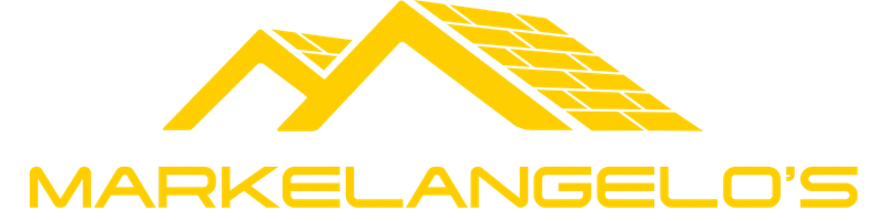Logo for Markelangelo's Roofing, featuring a yellow roof illustration and text.