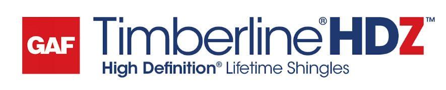 GAF Timberline HDZ shingle logo: red square with GAF, blue Timberline HDZ text.