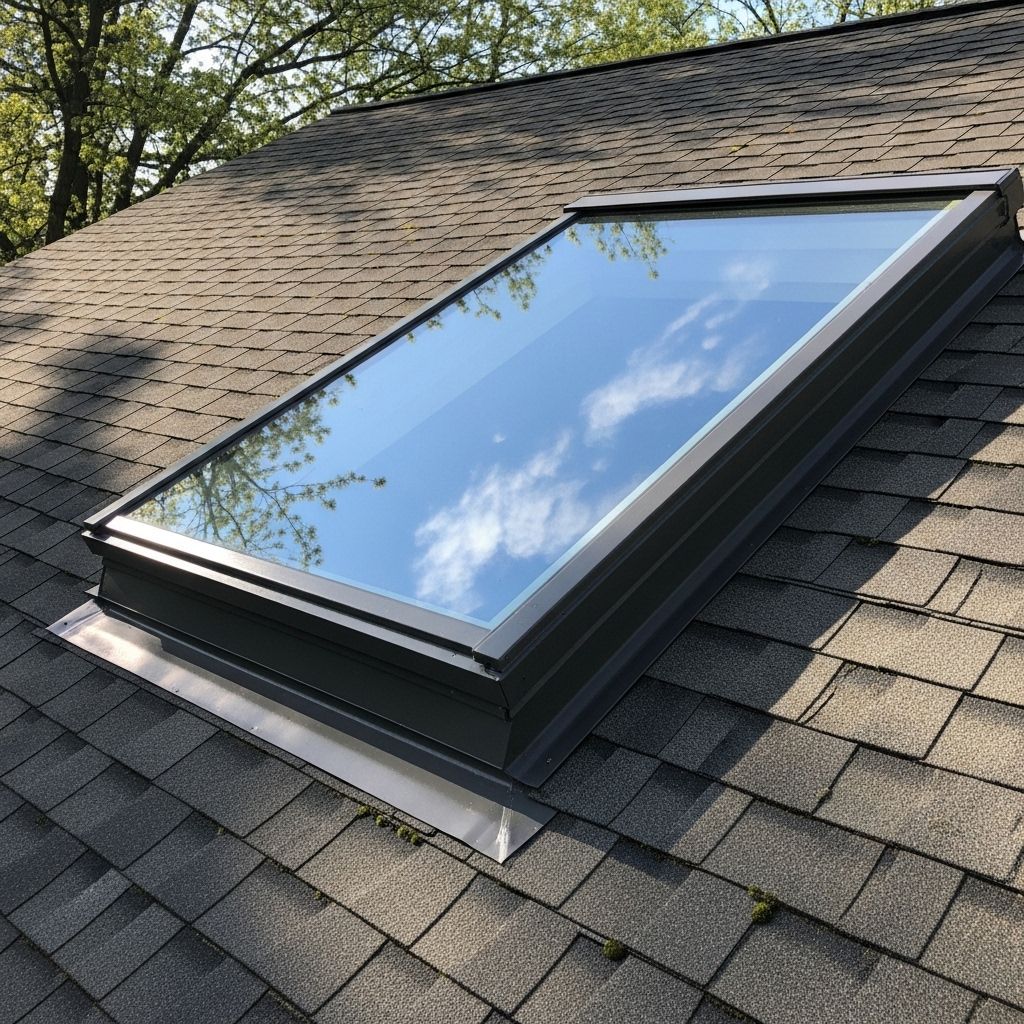 Skylight on a brown asphalt shingle roof reflects a blue sky with clouds.