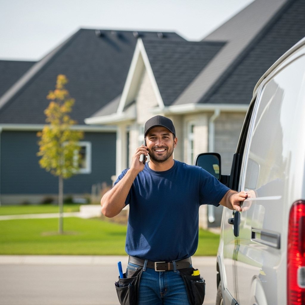 Man in blue shirt, black hat on phone beside a van in front of a house.