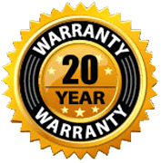Gold seal: 20-year warranty, black text, yellow starburst border.