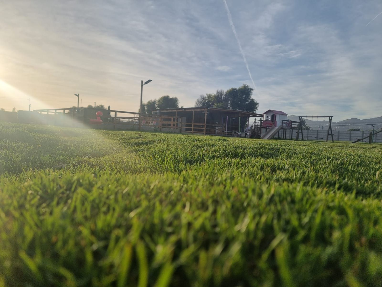 Un campo de hierba con un parque infantil al fondo.