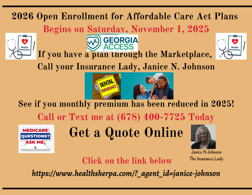 Ad for ACA plans open enrollment, November 1, 2025, by Janice N. Johnson. Includes phone number and website for quotes.
