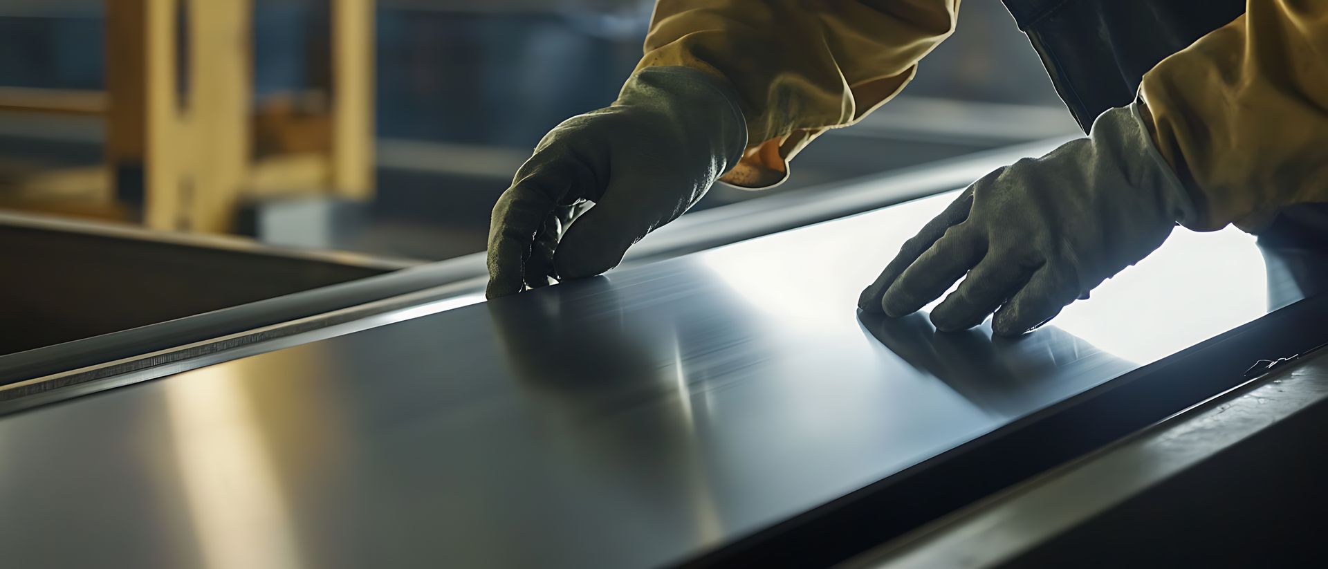 Sheet metal worker shaping aluminum panels in a fabrication shop