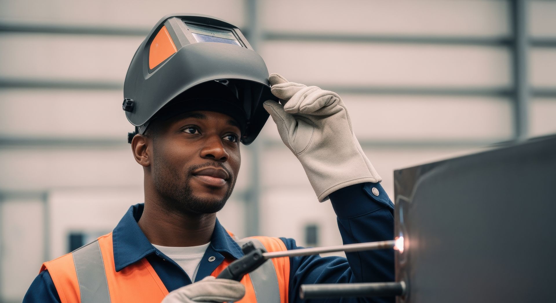 Worker adjusting a welding helmet while operating welding equipment Worker adjusting a welding helmet while operating welding equipment