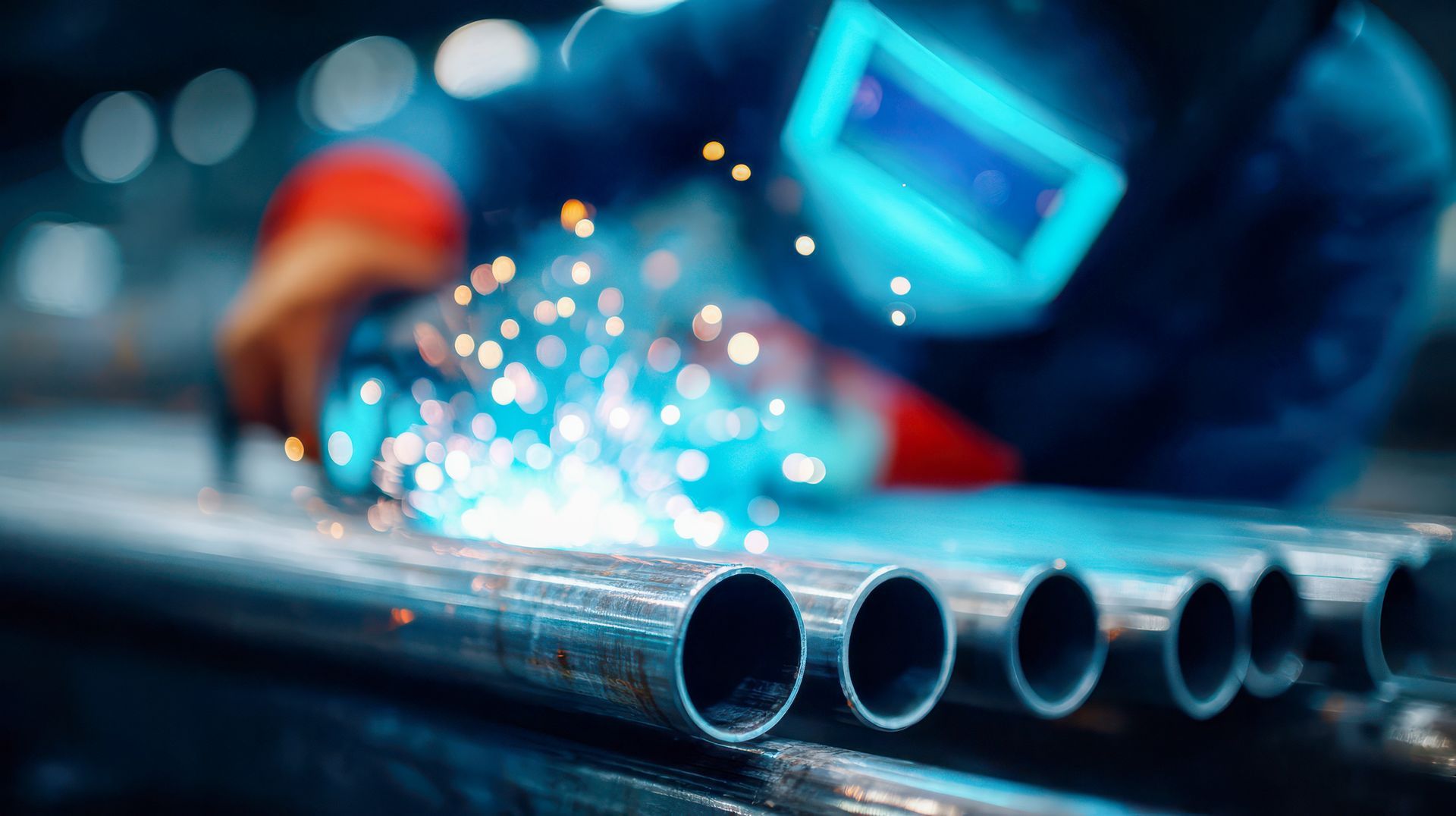 Welding sparks fly as a worker welds metal pipes in an industrial workshop