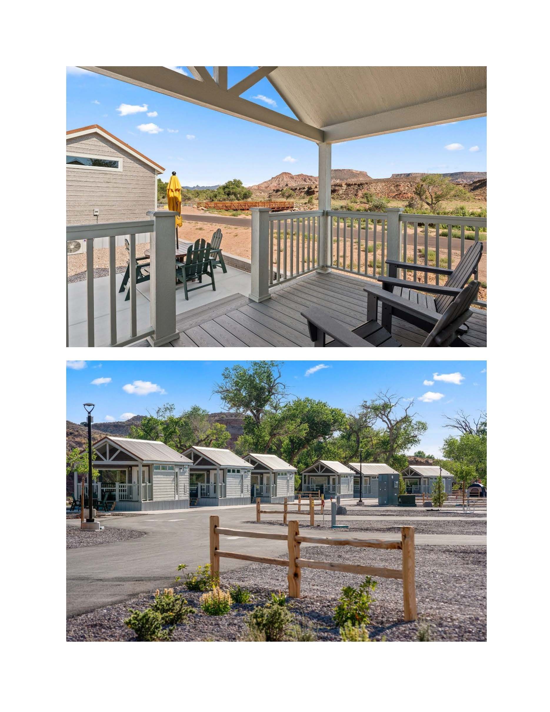A split image showing a porch with seating overlooking a desert landscape above, and a row of cabins with a fence below.
