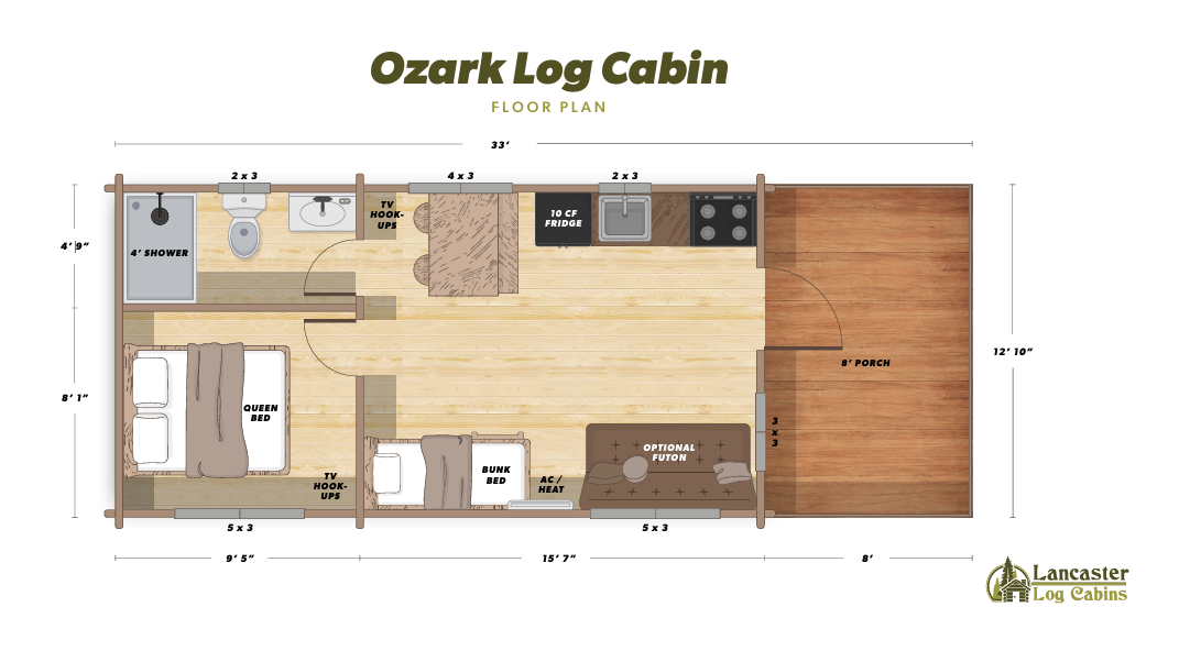 Floor plan for an Ozark Log Cabin featuring a bedroom, bathroom, kitchenette, living area, and an exterior porch.