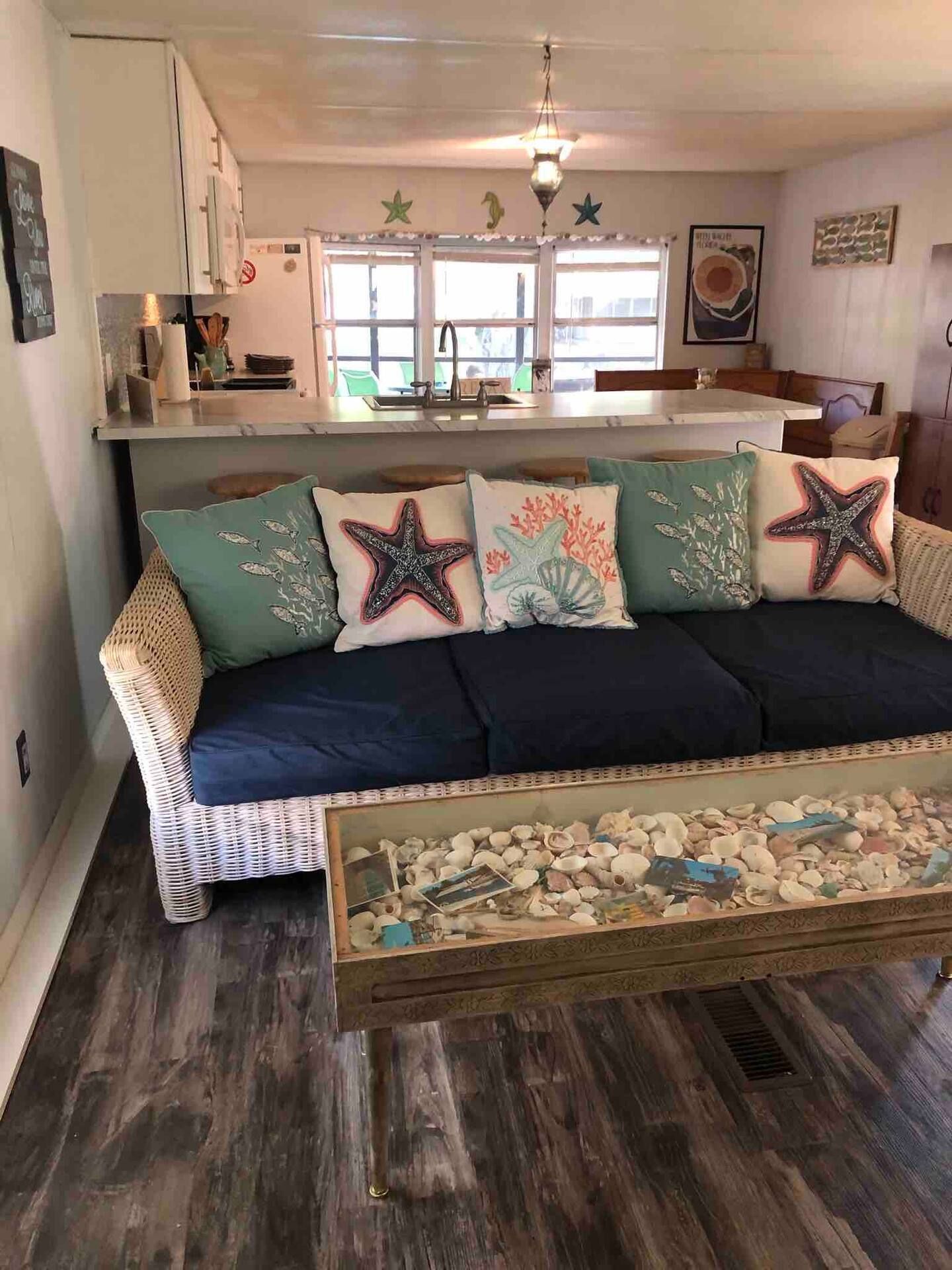 A living room with a couch and a coffee table with seashells on it.