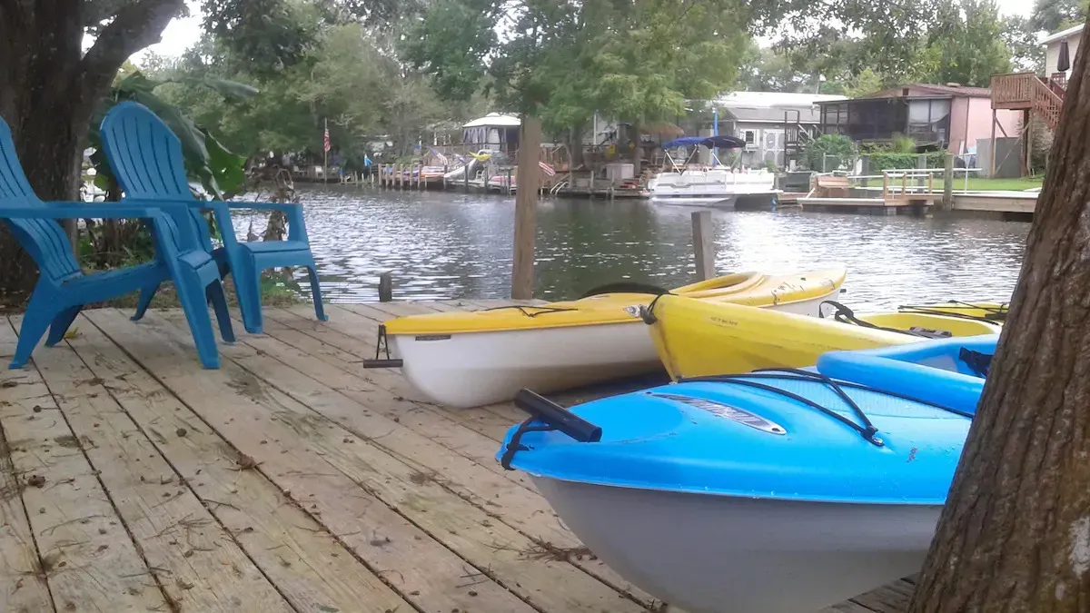 A row of kayaks are parked on a dock next to a tree.