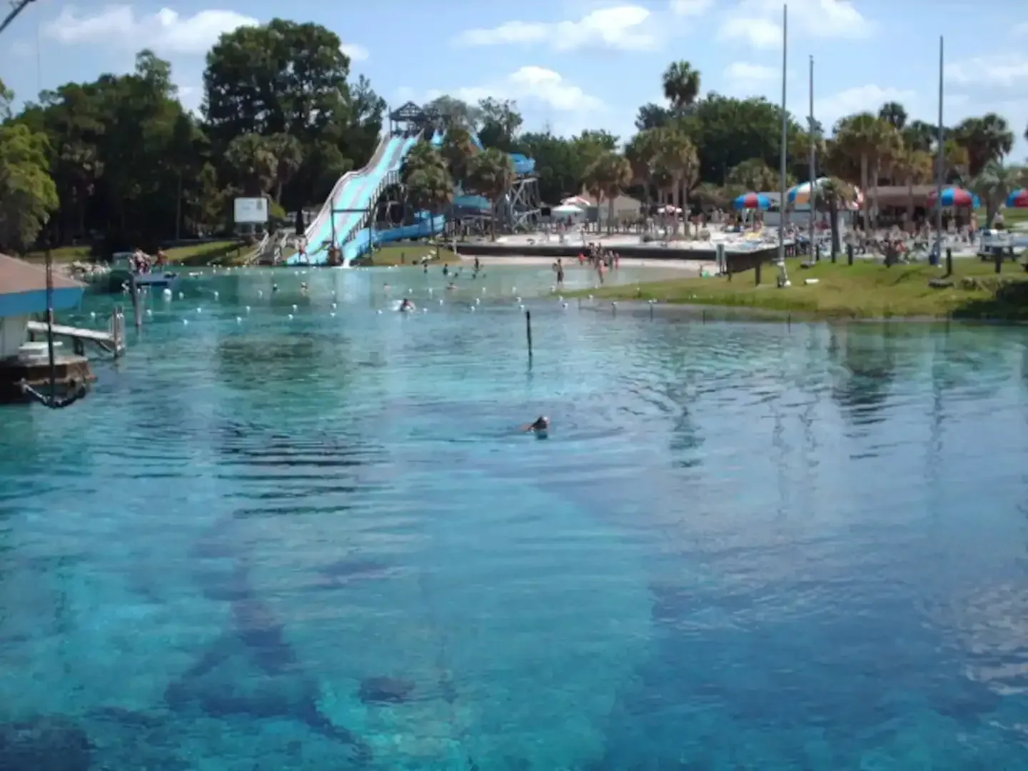 A person is swimming in a pool with a water slide in the background