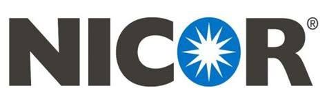 NICOR logo: dark gray text with a blue circle containing a white starburst.