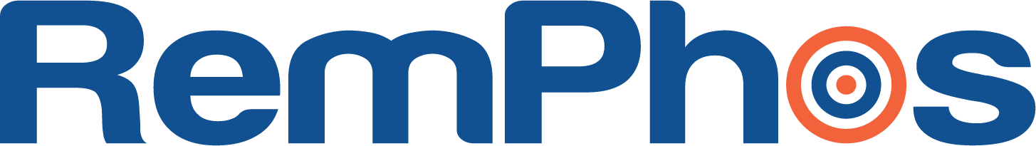 A blue and red logo for remphos on a white background.