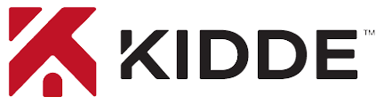 A red and black logo for kidde on a white background