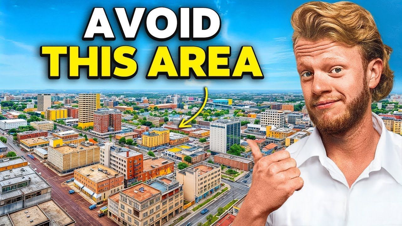 Man points at a cityscape, with headline 