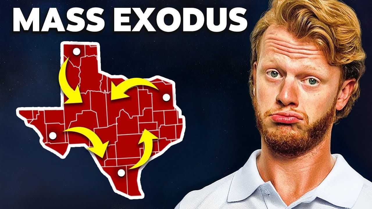 Man with doubtful expression next to a Texas outline with arrows, 