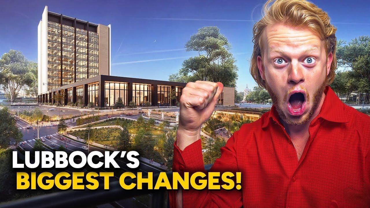 Man with surprised expression points at a building rendering with the text