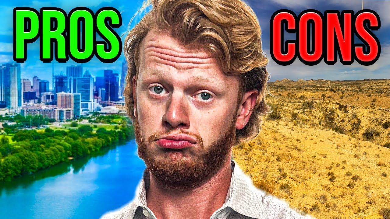Man making a skeptical face, split image: Austin skyline (pros) and desert (cons) with “PROS” and “CONS” text.