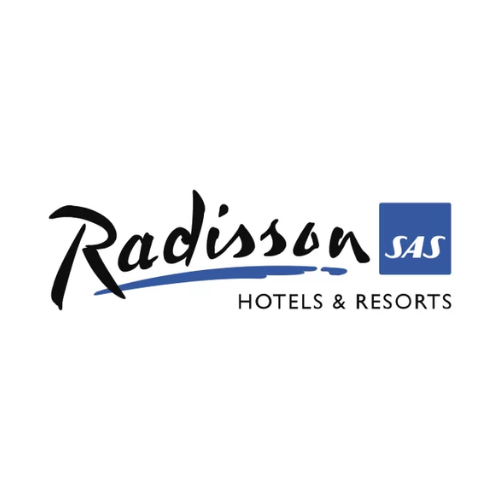 Logo de Radisson SAS Hotels & Resorts en noir et bleu sur fond blanc