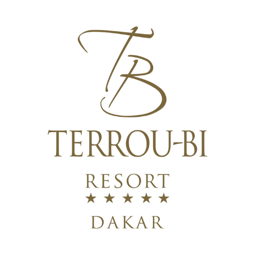 Logo du Terrou-Bi Resort Dakar en or sur fond blanc avec cinq étoiles.