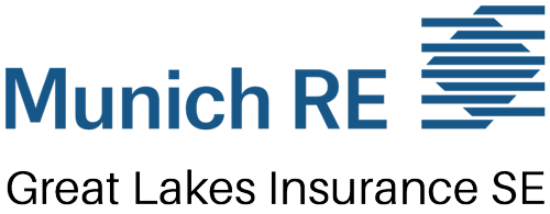 Logo Munich RE con testo blu ed emblema a strisce, più Great Lakes Insurance SE sotto.