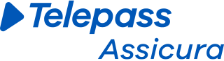 Logo Telepass con testo blu e icona triangolare su sfondo bianco.