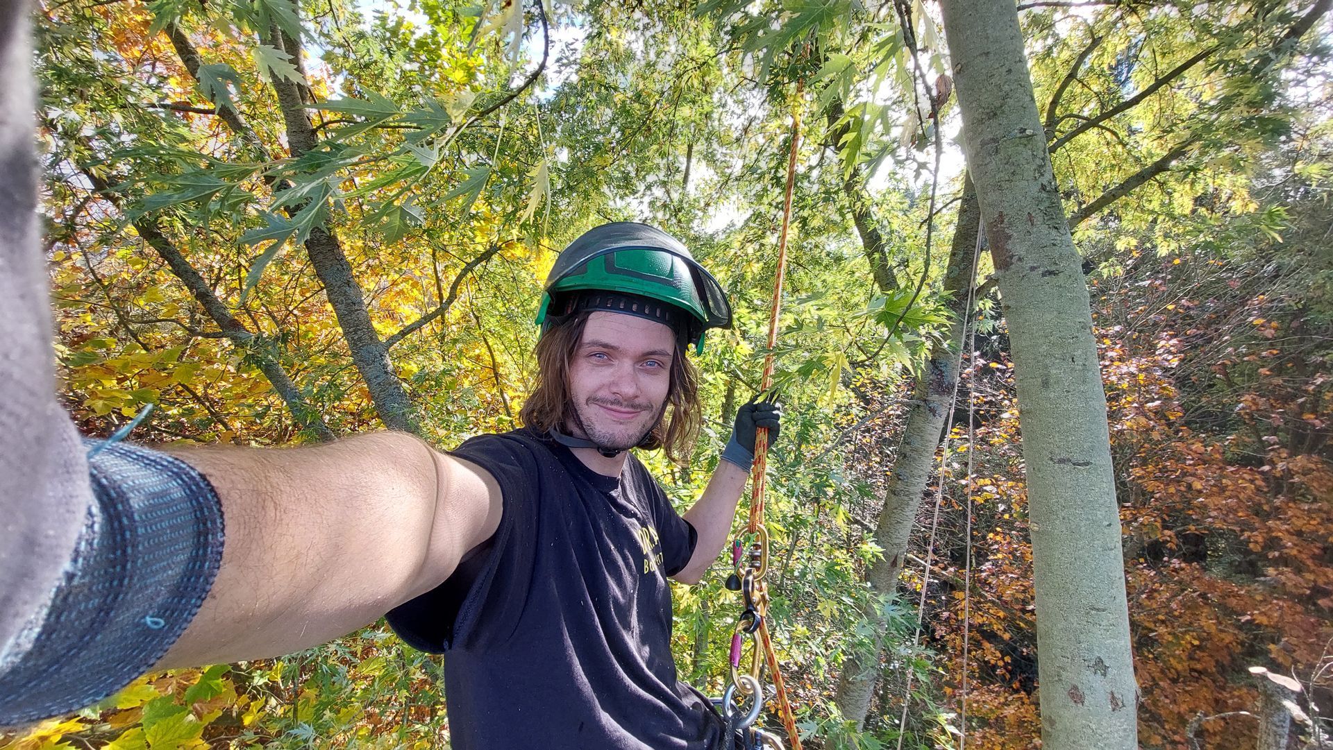 Een man met helm en veiligheidsuitrusting lacht vanuit een boom en houdt een touw vast. Op de achtergrond is heldergroen gebladerte te zien.