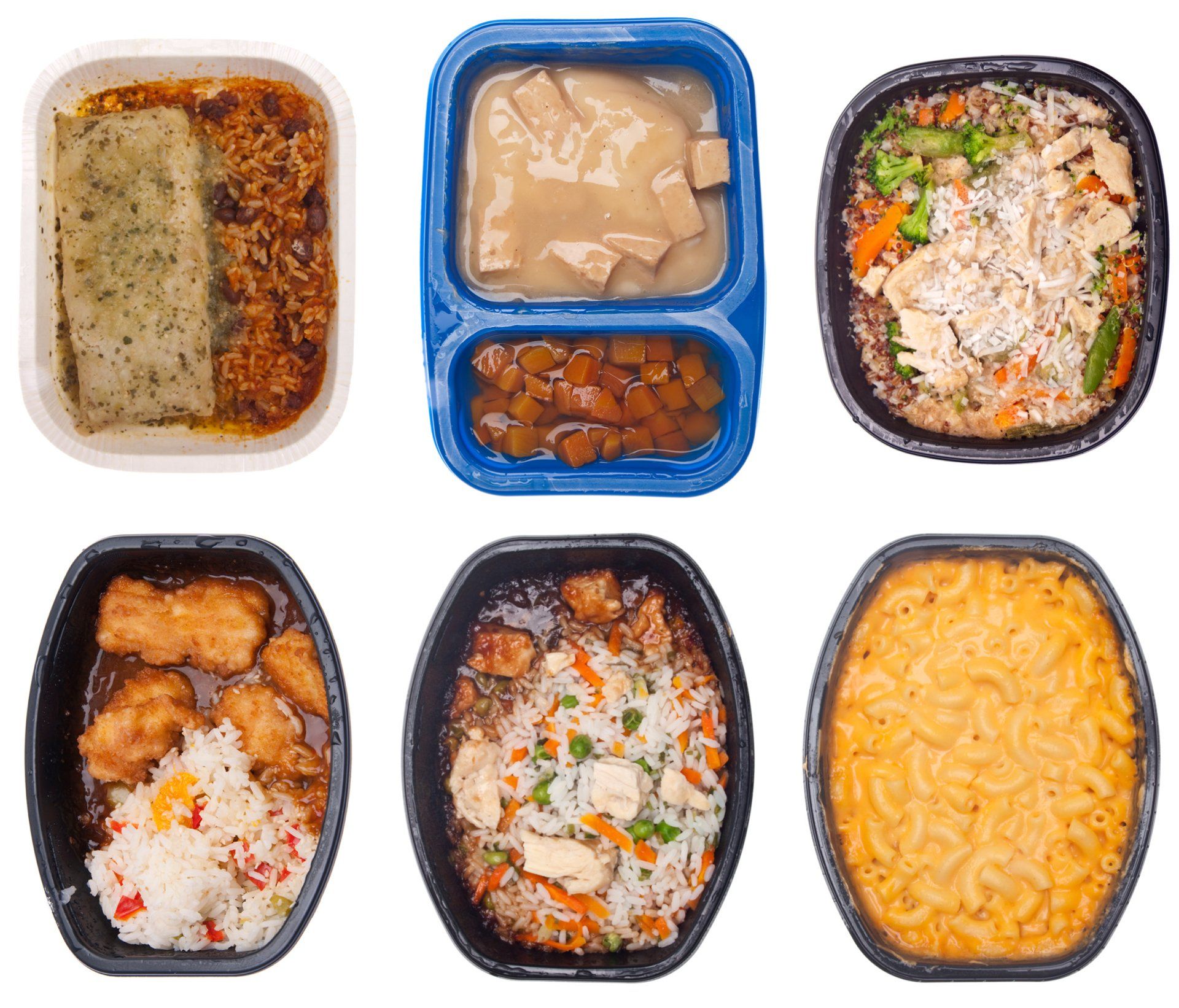 A variety of food in plastic containers on a white background