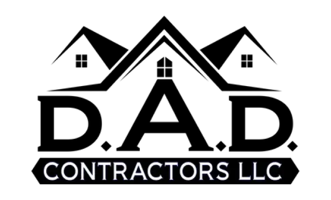 A black and white logo for a company called dad contractors llc.