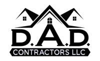A black and white logo for a company called dad contractors llc.