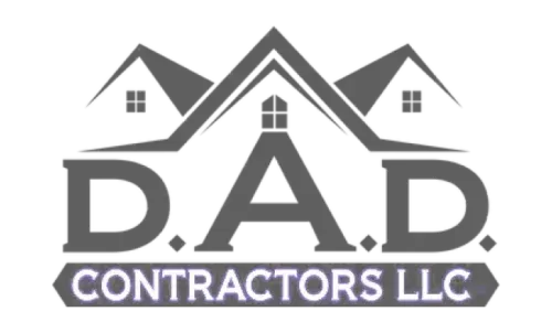 The logo for d.a.d. contractors llc has a picture of a house on it.