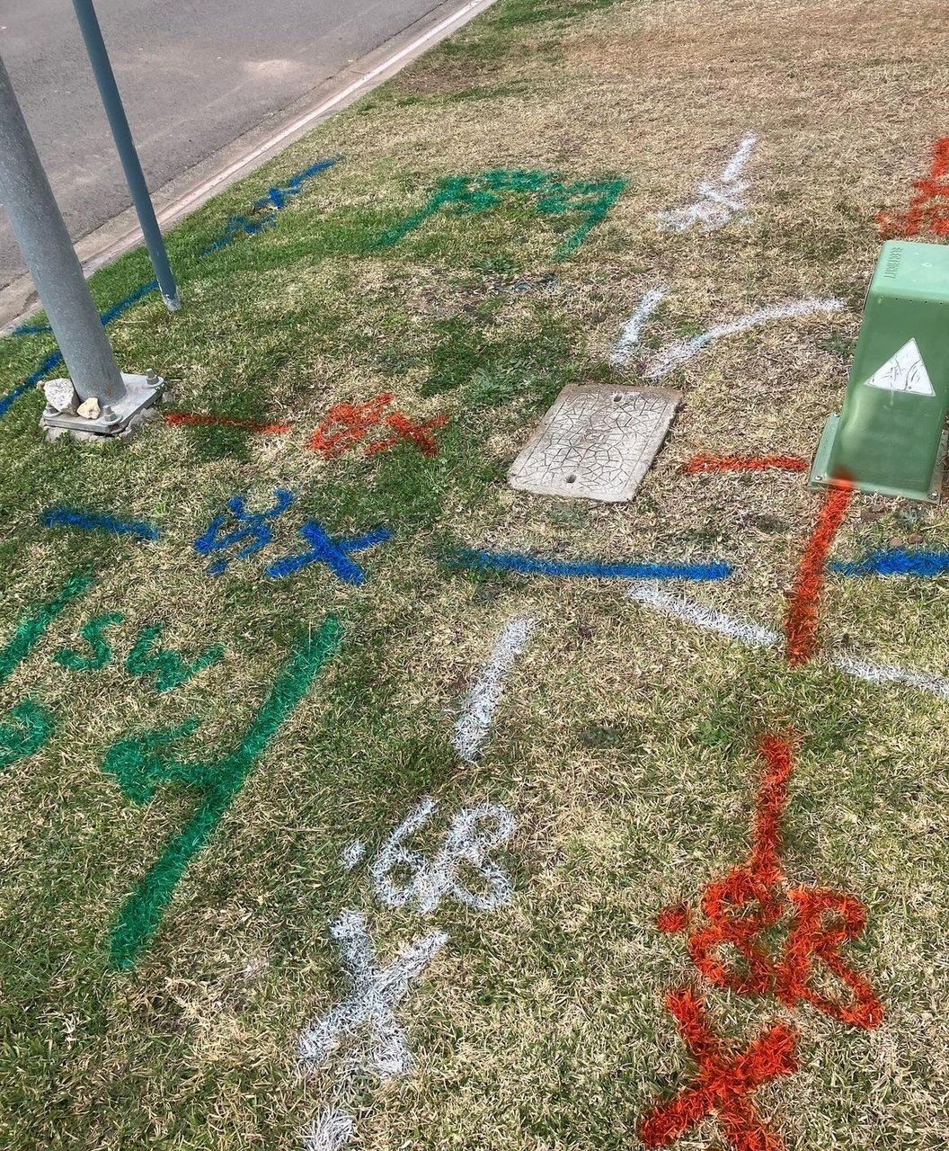 A lawn with a lot of paint on it.