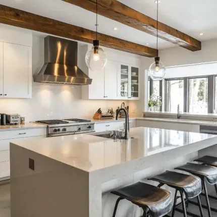 Huntington Beach Kitchen White with stainless steel appliances and grey island