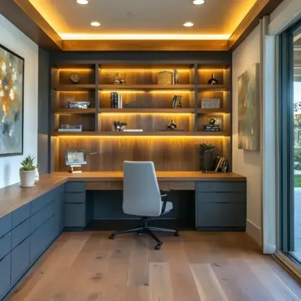 Huntington Beach Home Office with built-in lit shelves and desk.