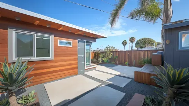 Family sits in front of Custom-built ADU in Huntington Beach with private entrance and patio