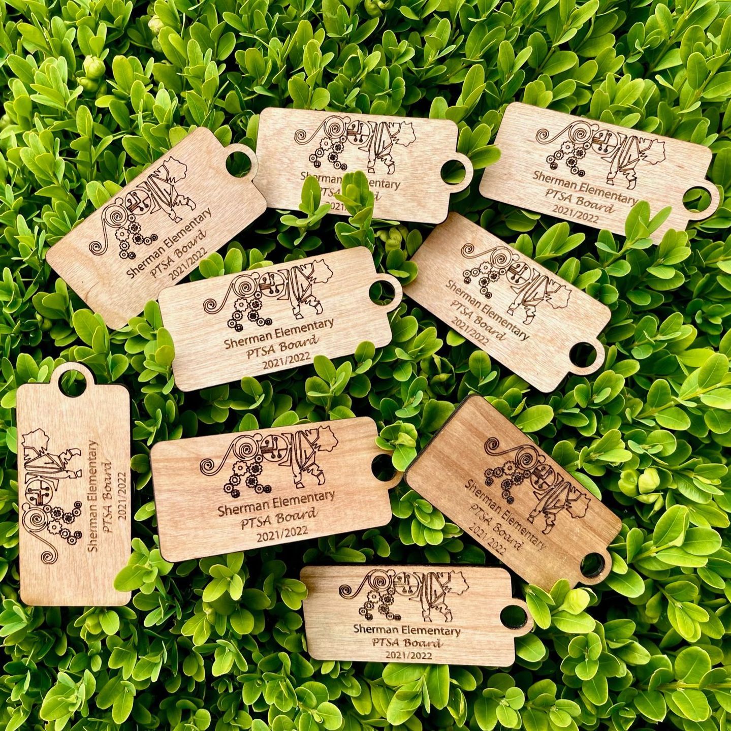 A bunch of wooden tags with tigers on them are sitting on top of a green plant.