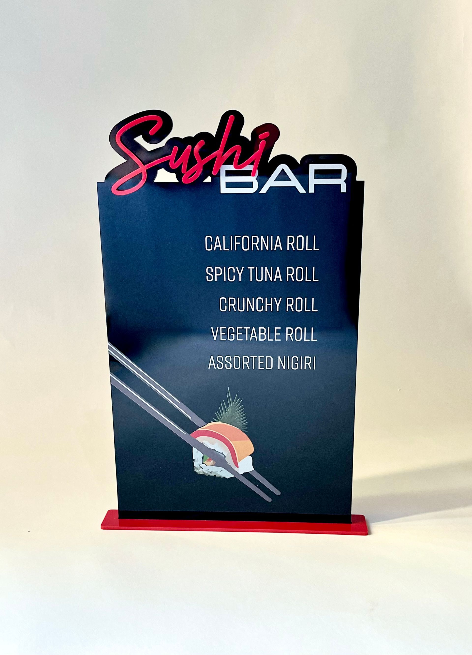 A sign for a sushi bar with a picture of sushi and chopsticks.