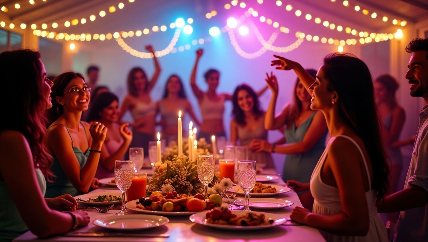 People at a brightly lit party, dancing and gathered around a table with food and candles.