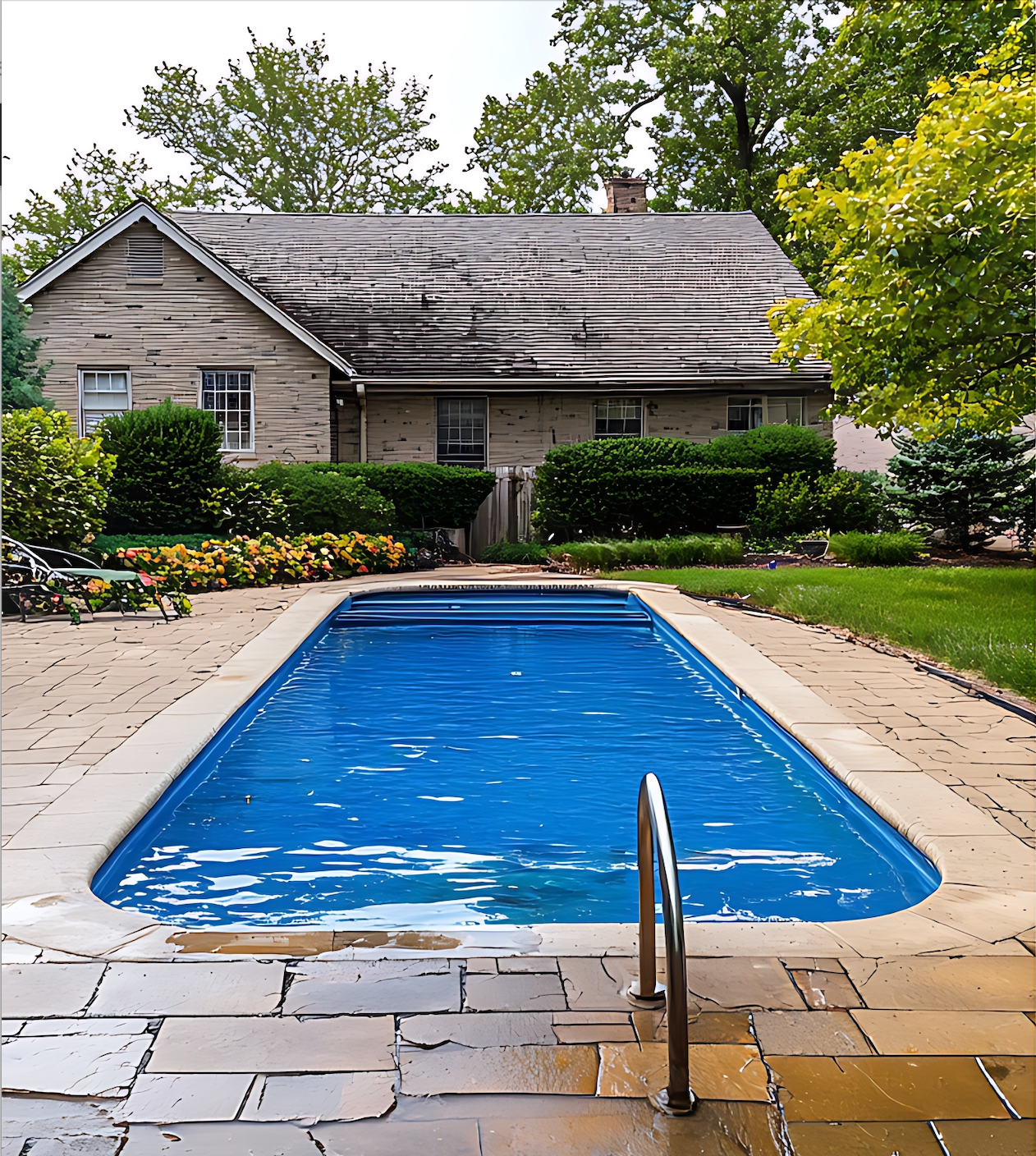 A large swimming pool in front of a stone house